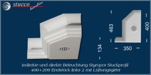 Endstück links mit Lüftungsgitter und abgeschrägter Ecke - Stuckprofil Dortmund 400+209