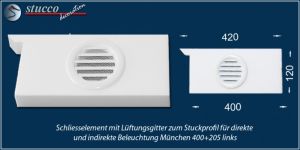 Linkes Schließelement mit Lüftungsgitter zum Stuckprofil für direkte und indirekte Beleuchtung München 400+205