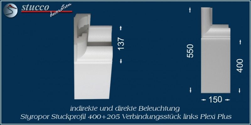 Verbindungsstück links für direkte und indirekte Beleuchtung München 400+205 PLEXI PLUS