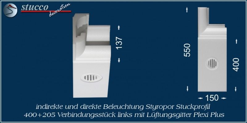 Verbindungsstück links mit Lüftungsgitter für direkte und indirekte Beleuchtung München 400+205 PLEXI PLUS