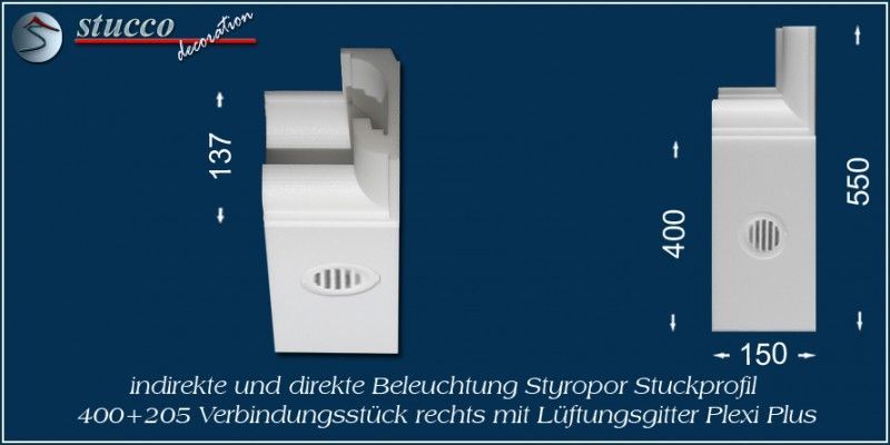 Verbindungsstück rechts mit Lüftungsgitter für direkte und indirekte Beleuchtung München 400+205 PLEXI PLUS