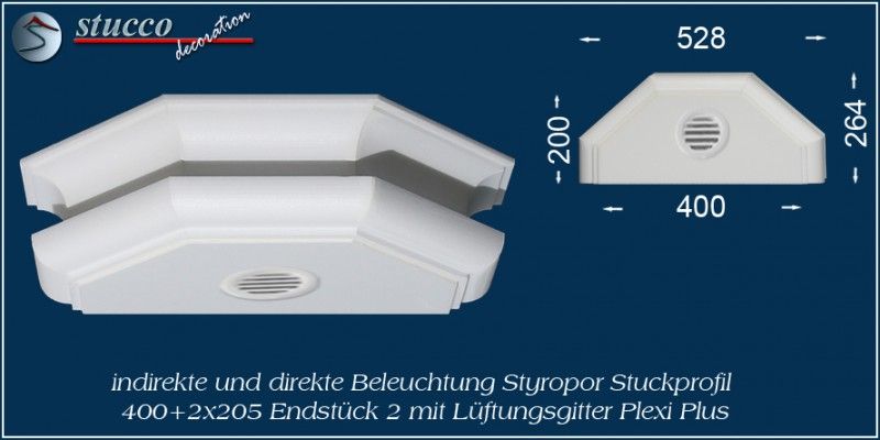 Endstück 2 mit Lüftungsgitter für direkte und indirekte Beleuchtung München 400+2x205 PLEXI PLUS