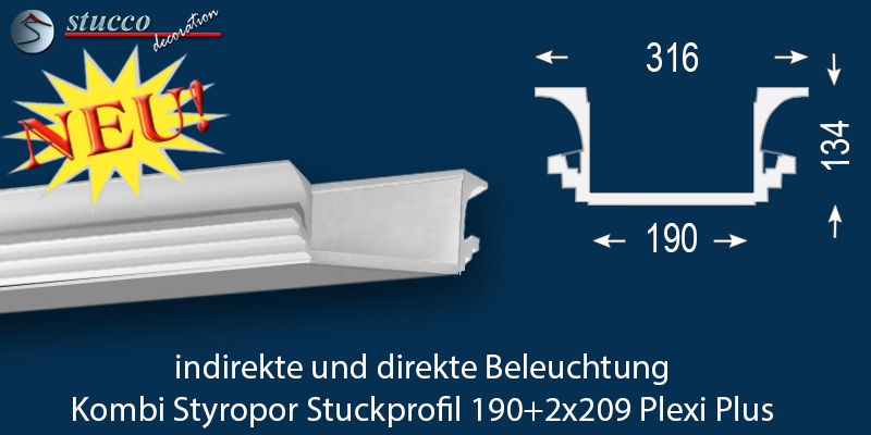 LED Deckenleiste für direkte und indirekte Beleuchtung Dortmund 190+2x209 Plexi Plus