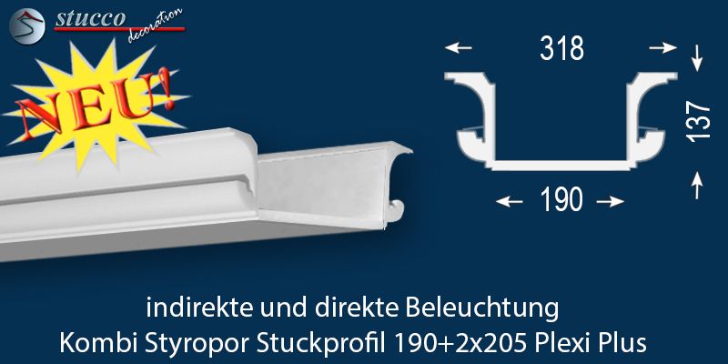 LED Deckenleiste für LED Spots und LED Streifen München 190+2x205 Plexi Plus