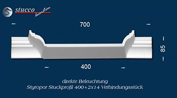 Verbindungsstück führt Zierleiste Trier 14 zum U-förmigen Stuckprofil Trier 400+2x14