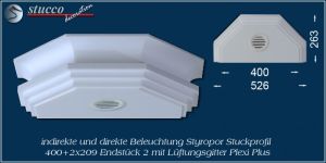 Endstück mit Lüftungsgitter und abgeschrägten Ecken für direkte und indirekte Beleuchtung Dortmund 400+2x209 Plexi Plus