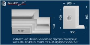 Endstück rechts mit Lüftungsgitter für direkte und indirekte Beleuchtung Dortmund 400+209 Plexi Plus