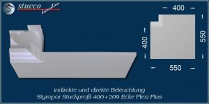 Inneres Eckelement zum Stuckprofil Dortmund 400+209 Plexi Plus für direkte und indirekte Beleuchtung