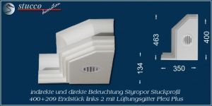 Endstück links mit Lüftungsgitter und abgeschrägter Ecke - Stuckprofil Dortmund 400+209 Plexi Plus