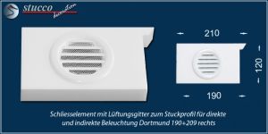 Rechtes Schließelement mit Lüftungsgitter zum Stuckprofil für direkte und indirekte Beleuchtung Dortmund 190+209 Plexi Plus