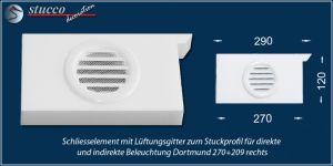 Rechtes Schließelement mit Lüftungsgitter zum Stuckprofil für direkte und indirekte Beleuchtung Dortmund 270+209 Plexi Plus