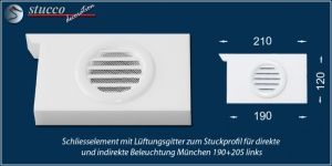Linkes Schließelement mit Lüftungsgitter zum Stuckprofil für direkte und indirekte Beleuchtung München 190+205