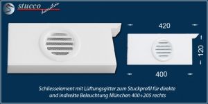 Rechtes Schließelement mit Lüftungsgitter zum Stuckprofil für direkte und indirekte Beleuchtung München 400+205